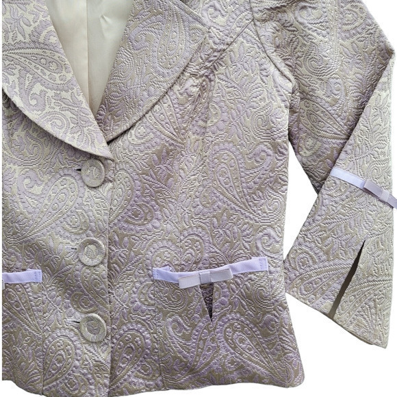 Vintage 80s Matty M Paisley Jacquard‎ Grosgrain Ribbon Bows Cropped Jacket - Picture 7 of 13